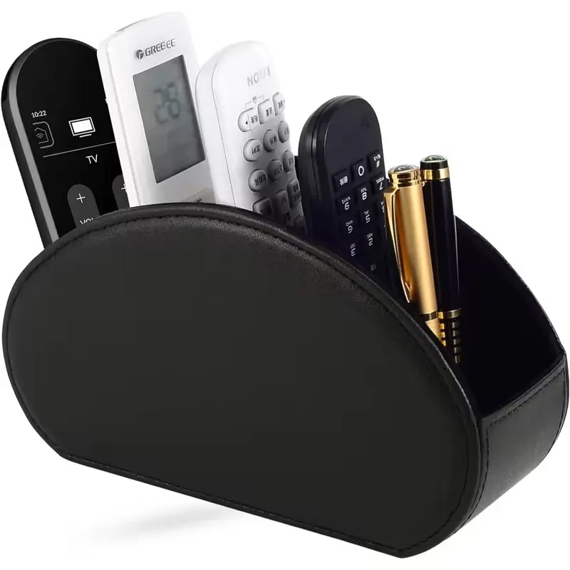 PU Leather Remote Control Holder with 5 Compartments – Desk & Coffee Table Organizer for TV Remotes, Phone & Accessories – 8.46 Storage Tray
